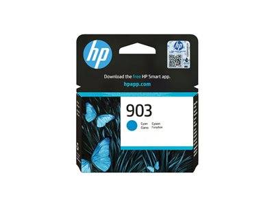 HP 903 Cyan-Tintenpatrone Verpackung mit blauen Schmetterlingen auf schwarzem Hintergrund. Text: 'Laden Sie die kostenlose HP Smart App herunter. hpapp.com'.