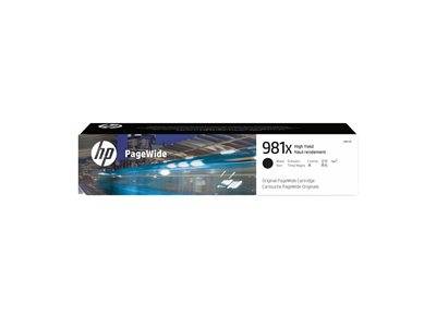 HP PageWide 981X Hohe Ergiebigkeit Schwarz Original Tintenpatrone Karton, zeigt Markierung und Kapazitätsdetails. Verwendet für effizientes Drucken.