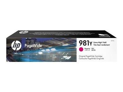 HP PageWide 981Y Magenta-Tintenpatrone Verpackung. Zeigt Produktname und Kompatibilität mit einem Bild von unscharfen Lichtern in der Nacht.