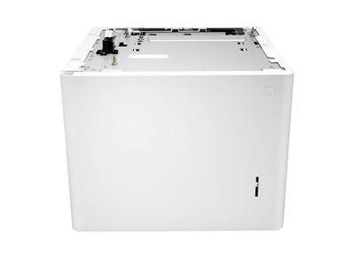 Weißer Laserdrucker, von oben und von der Seite betrachtet, mit Papierfach und Bedienfeld auf der flachen Oberfläche.