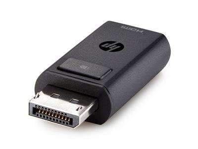 Ein schwarzer HP DisplayPort zu HDMI-Adapter, der an einem Ende einen HDMI-Anschluss und am anderen Ende einen DisplayPort-Anschluss aufweist und zum Verbinden von Geräten verwendet wird.