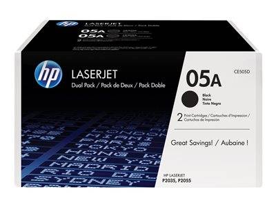 Packung mit HP LaserJet 05A schwarzen Tonerkassetten im Doppelpack, für Modelle P2035, P2055. Hervorgehoben mit 'Große Ersparnisse!' auf Englisch und Französisch.