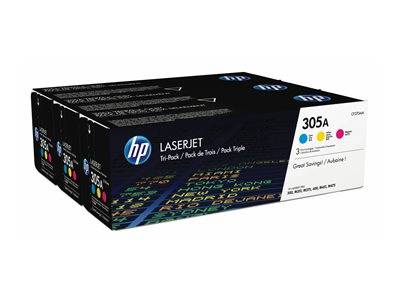 HP LaserJet 305A Toner-Dreierpack, mit Cyan-, Magenta- und Gelb-Patronen, gekennzeichnet für großartige Einsparungen und Druckqualität.