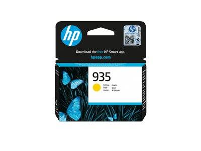 HP 935 Gelbe Tintenpatrone' mit blauem Schmetterlingsdesign. Enthält das 'HP' Logo und die Website 'hpapp.com'.