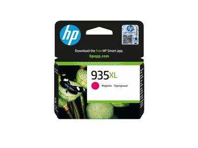 HP 935XL Magenta Tintenpatrone' Verpackung mit dem HP-Logo, Anweisungen zum Herunterladen der 'HP Smart App' und Magenta-Farbindikator.