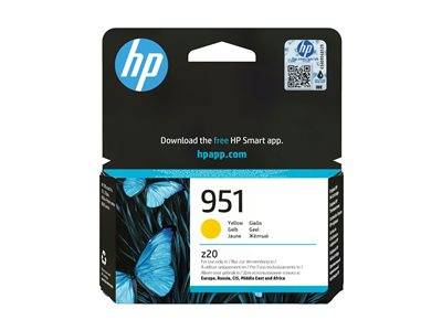HP 951 Gelb-Tintenpatrone Verpackung mit blauen Schmetterlingen und Details zur Verwendung in ausgewählten HP-Druckern in Europa, Russland, GUS, Naher Osten und Afrika.
