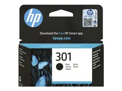 HP Tintenpatrone Kartusche '301 Schwarz' mit drei blauen Schmetterlingen. Text: 'Laden Sie die kostenlose HP Smart App herunter. hpapp.com.