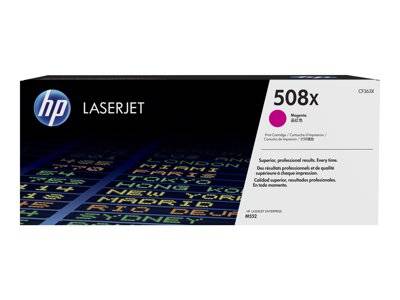 HP LaserJet 508X Magenta Tonerkartusche mit Verpackungstext und Bildmaterial, die professionelle Qualität und effiziente Ergebnisse suggerieren.