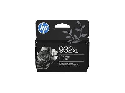 HP 932XL schwarze Tintenpatrone in einer Verpackung mit Blumendesign, mit HP-Logo und dem Hinweis, dass es sich um Original-Tinte handelt.