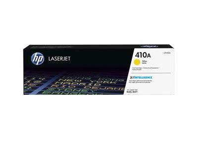 HP LaserJet 410A Gelb-Tonerkartusche mit Branding und Produktdetails, geeignet für ausgewählte HP Farblaserdrucker.