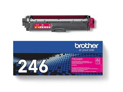 Verpackung der 'M246' Brother-Druckertonerkassette mit sichtbarer Tonerkartusche und Etikett, das die Magenta-Farbindikation zeigt.