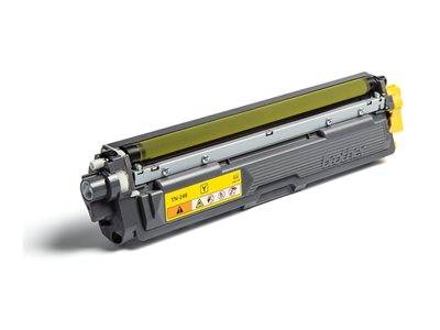 Gelber Tonerkartuschen-Kompatibler für Brother-Drucker, auf weißem Hintergrund dargestellt. Enthält Sicherheitssymbole und das Modell 'TN-206'.