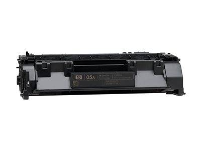 Schwarze Tonerkartusche mit der Bezeichnung 'HP 05A', geeignet für Drucker, in Seitenansicht vor einem einfarbigen Hintergrund.
