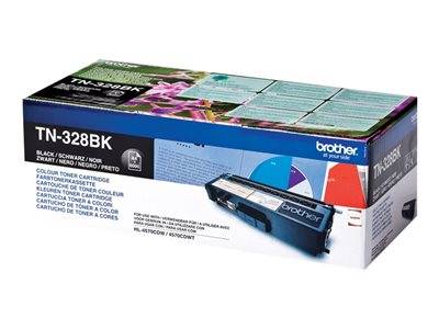 Brother TN-328BK Schwarz-Tonerpatrone Karton mit Produktabbildung und Spezifikationen auf der Seite sichtbar.