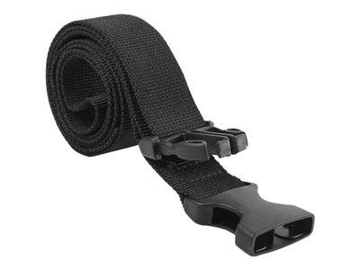 Ein schwarzer Riemen mit einer Kunststoffschnalle, ordentlich aufgerollt. Wird häufig zum Befestigen von Gegenständen verwendet, wie z. B. Gepäck oder Ausrüstung im Freien.