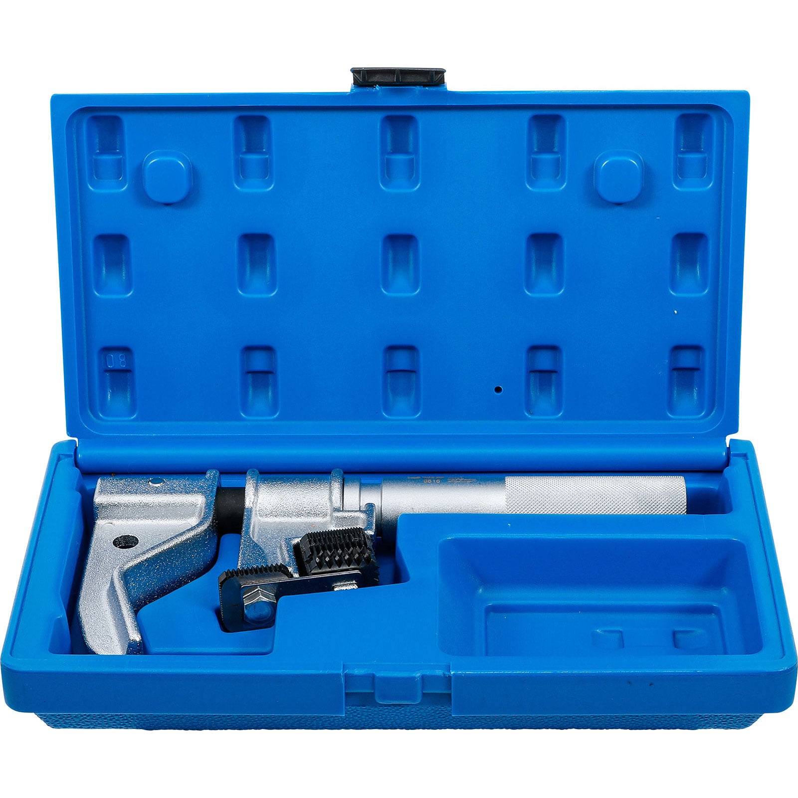 Blaues Etui mit einem silbernen Mikrometer, ausgestattet mit einer Sperrratsche und einer feststehenden Skala. Das Etui verfügt über eine geformte Innenauskleidung zur sicheren Befestigung des Werkzeugs.