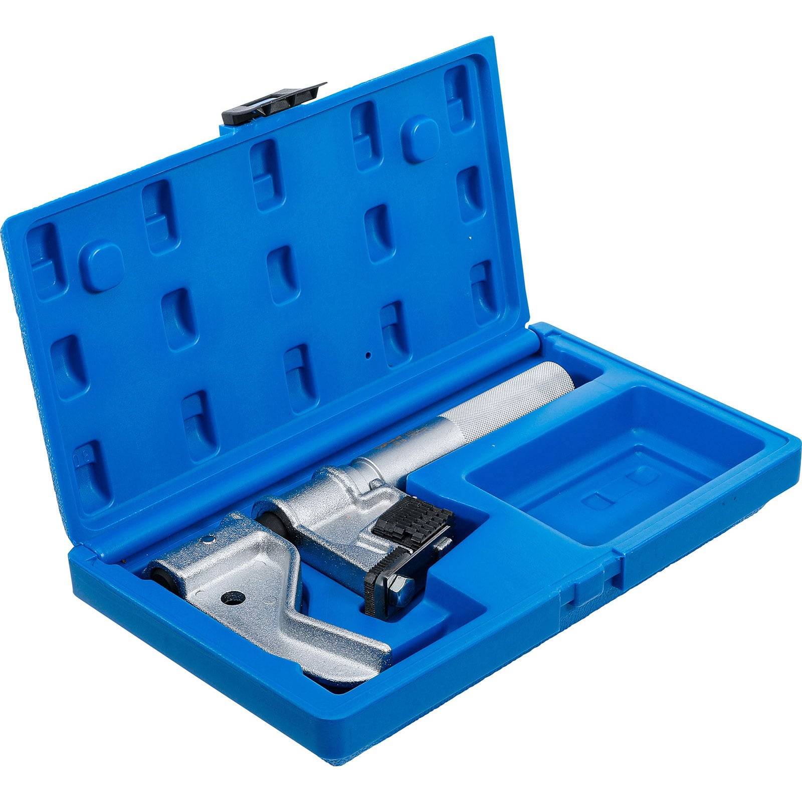 Ein Rohrabschneider in einem blauen Plastikkoffer. Der Koffer verfügt über geformte Fächer zur sicheren Aufbewahrung.