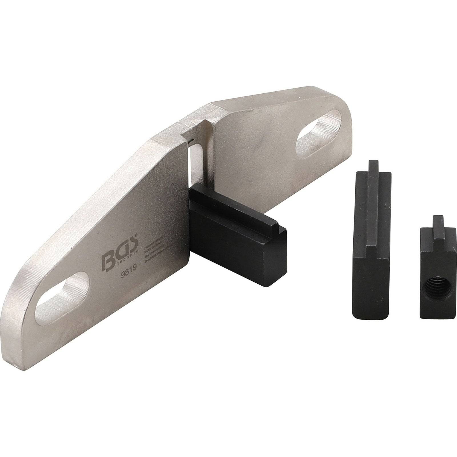 Metall-Nockenwellenverriegelungswerkzeugsatz, bestehend aus einer silbernen Halterung mit gravierten Text und zwei schwarzen Einsätzen, verwendet zur Ausrichtung des Zahnriemens in Motoren.