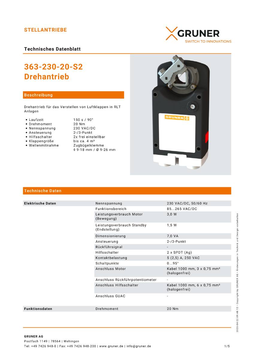Gruner Stellantrieb Typ 363-230-20-S2 ( 230V - 20 Nm - Ansteuerung 2/3 Punkt)