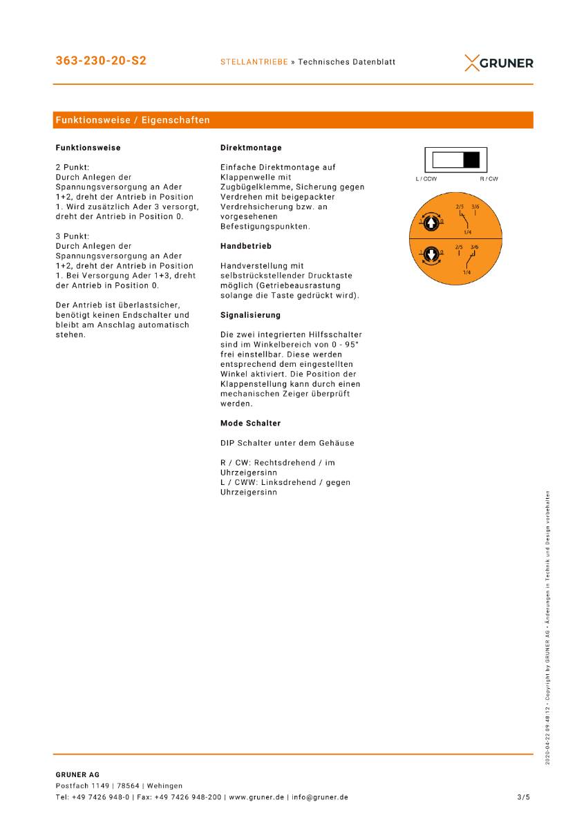 Gruner Stellantrieb Typ 363-230-20-S2 ( 230V - 20 Nm - Ansteuerung 2/3 Punkt)