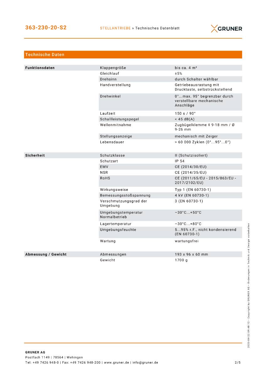 Gruner Federrücklauf Stellantrieb Typ 363-230-20-S2 ( 230V - 20 Nm - Ansteuerung 2/3 Punkt)