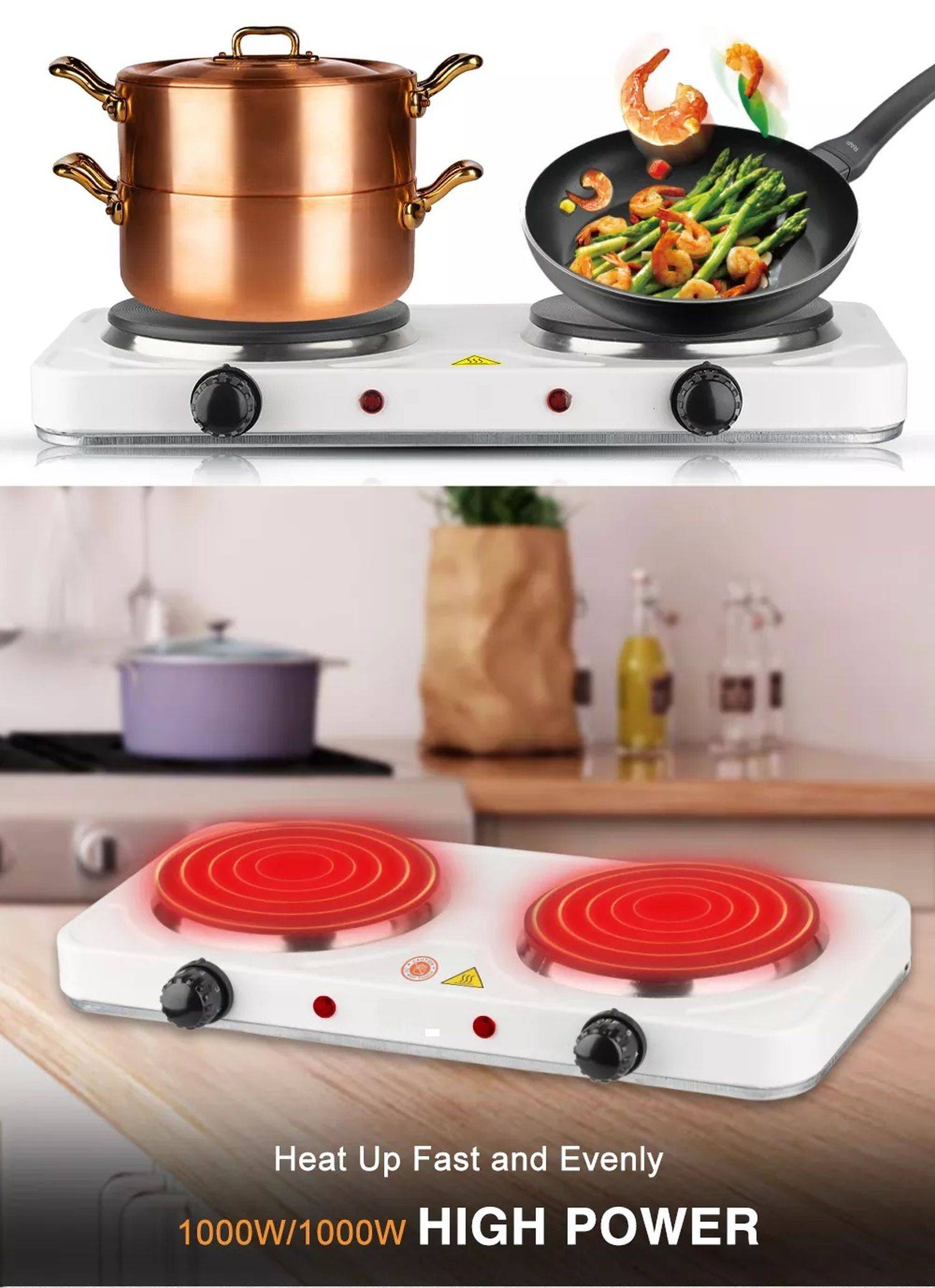 Doppelkochplatte Doppelkochfeld Herdplatte 2 x 1000Watt Kochplatte Camping Tragbar Kochplatte