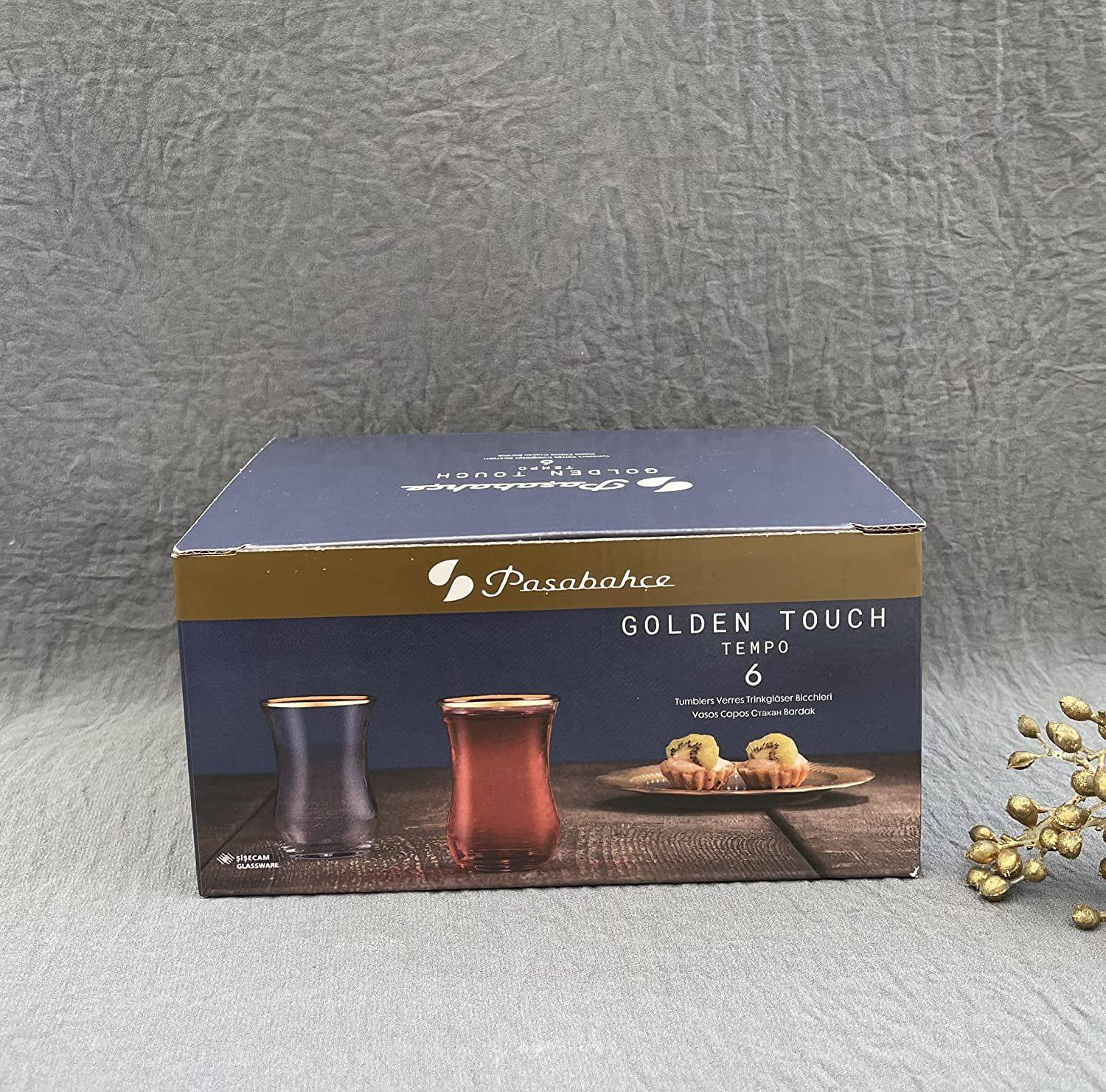 Pasabahce Golden Touch Tempo 6er-Set Teegläser Mini Teegläser mit Goldrand 120ml