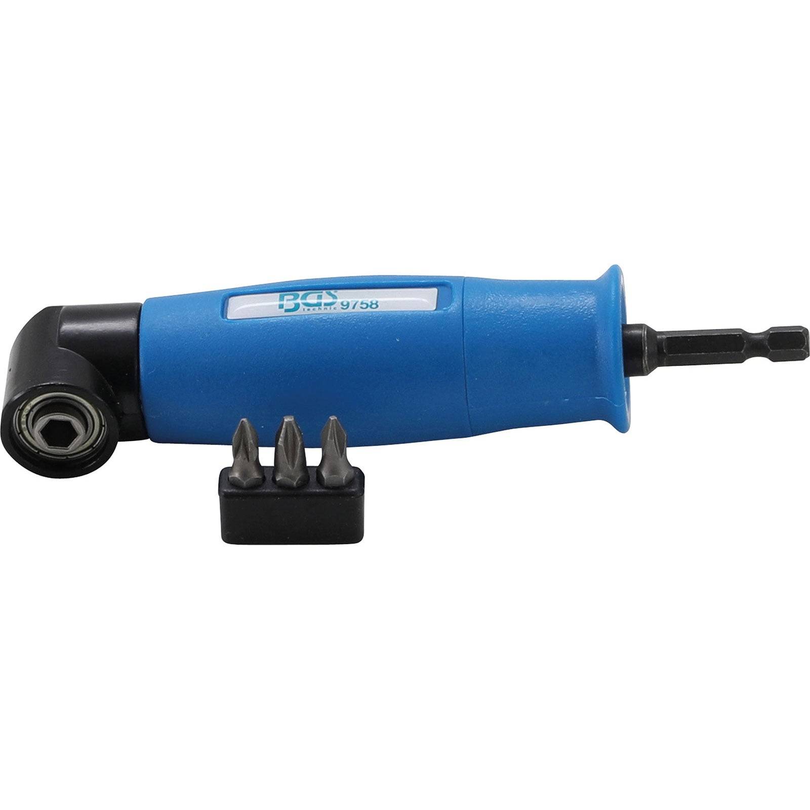 Ein blauer Schraubendreher-Winkeladapter mit einem schwarzen Bithalter und Bits. Das Werkzeug ist entwickelt, um enge Räume bei Schraubaufgaben zu erreichen.