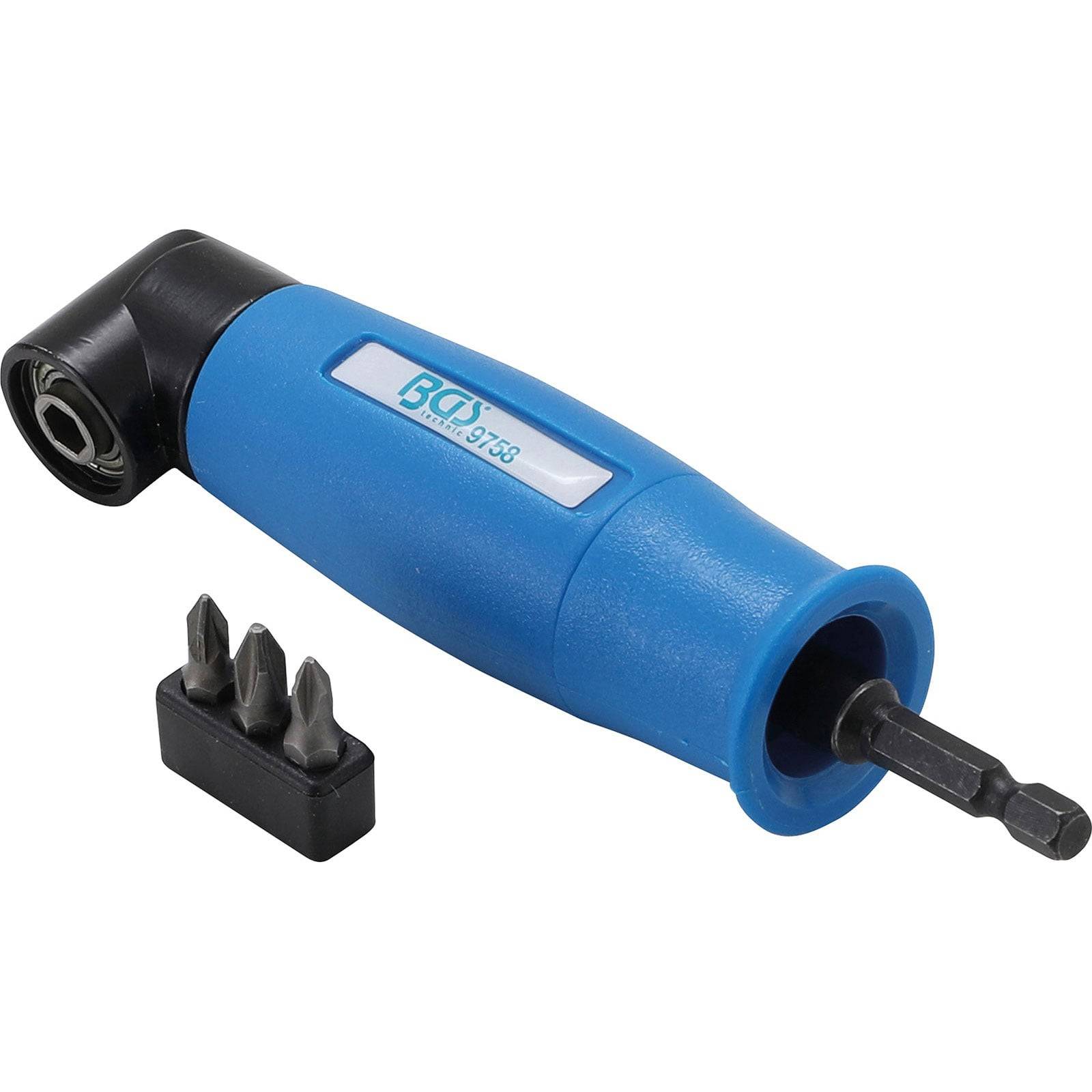 Blauer ergonomischer Schraubendrehergriff mit drei auswechselbaren Bits, einschließlich Schlitz- und Kreuzschlitz-Schraubendreher, daneben platziert, zum manuellen Bohren verwendet.