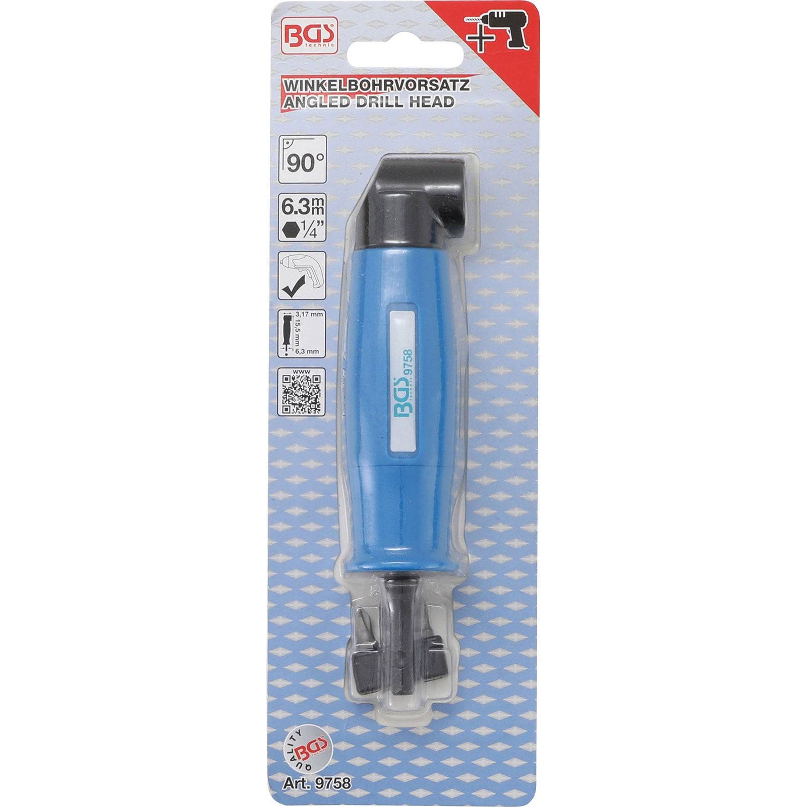 BGS Technik Winkel-Bohraufsatz' Verpackung, zeigt einen blauen Bohraufsatz für 90°-Bohrungen. Kompatibel mit 6,3 mm (1/4 Zoll) Bits.
