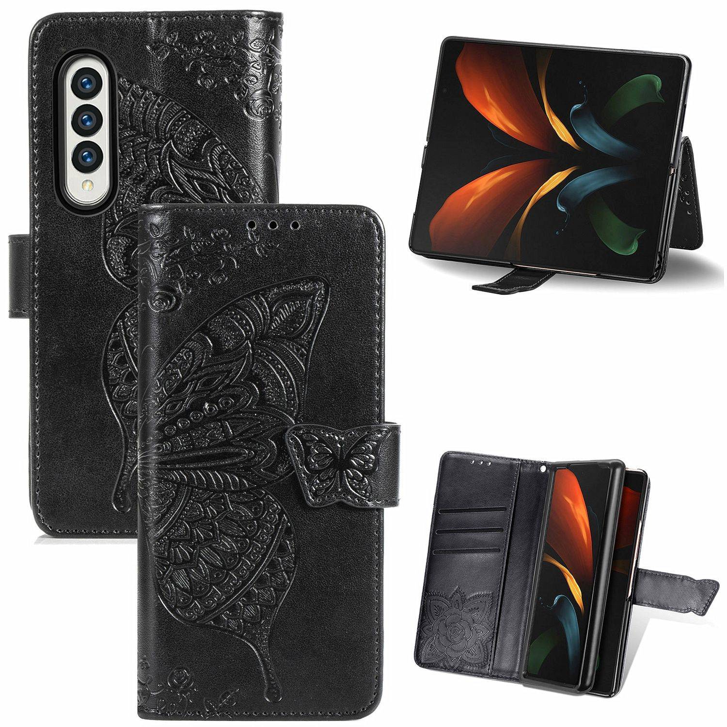 Hülle kompatibel mit Samsung Galaxy Z Fold3 5G Kunstleder Handyhülle - Handy Case Schwarz