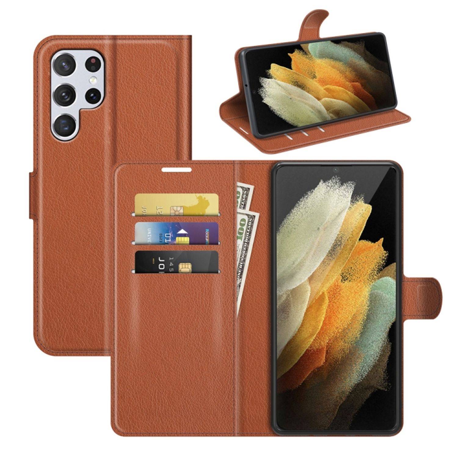 Hülle kompatibel mit Samsung Galaxy S22 Ultra 5G Kunstleder Handyhülle - Handy Case Braun