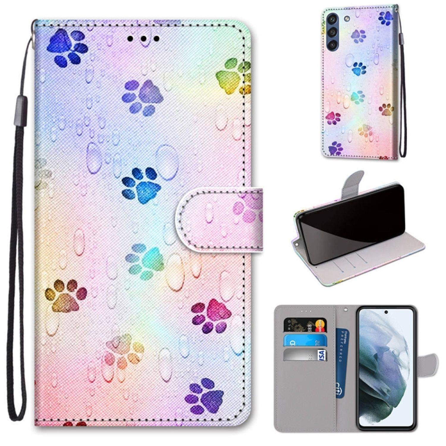 Hülle kompatibel mit Samsung Galaxy S21 FE Kunstleder Handyhülle - Handy Case Fußabdruck Wassertropfen
