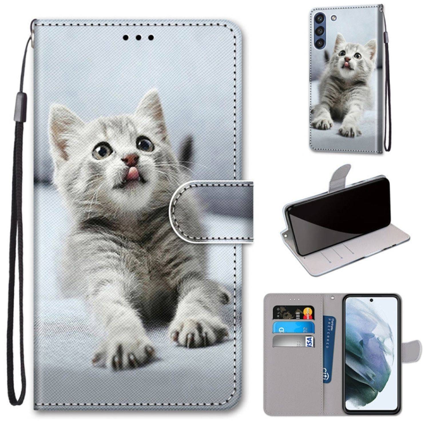 Hülle kompatibel mit Samsung Galaxy S21 FE Kunstleder Handyhülle - Handy Case Kleine graue Katze