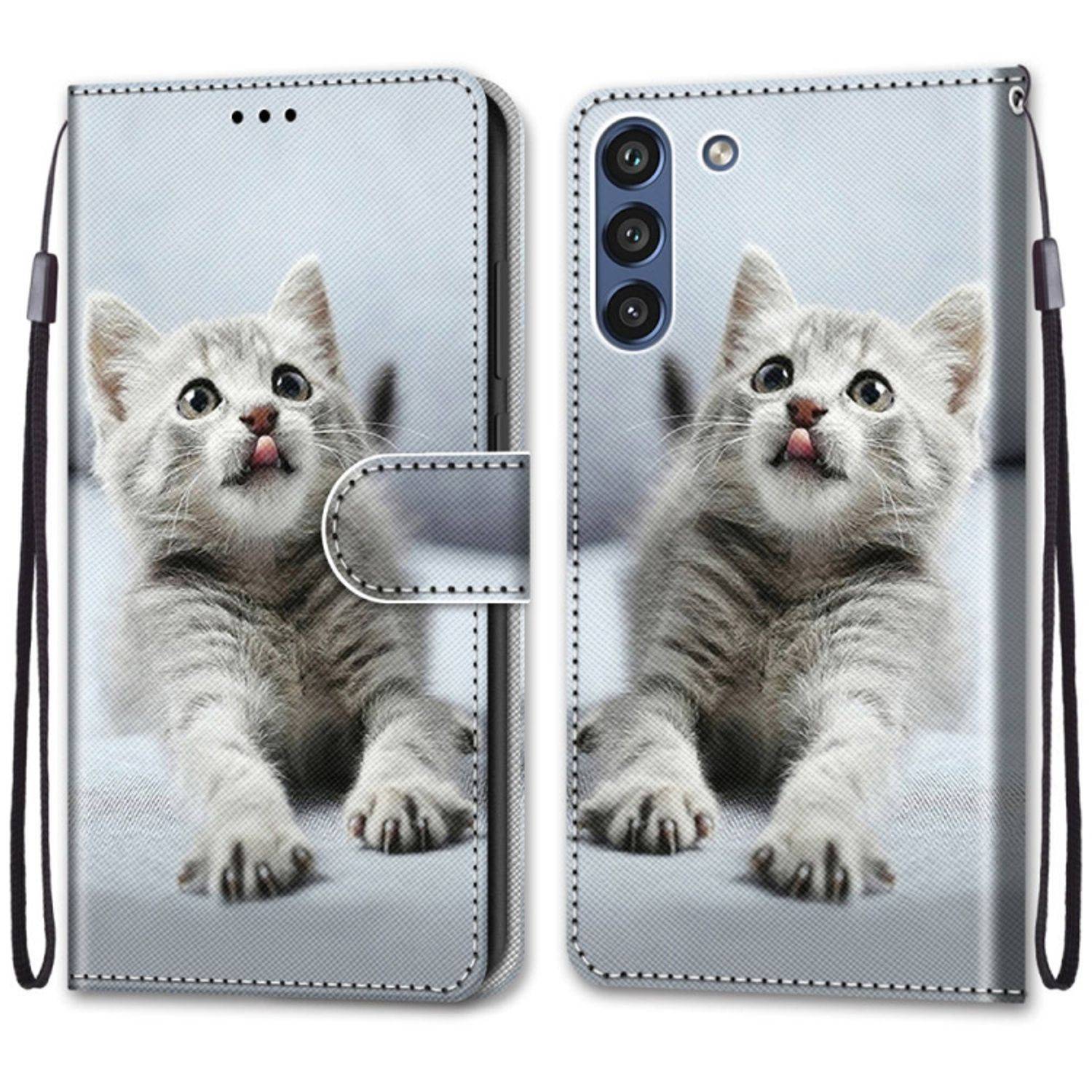 Hülle kompatibel mit Samsung Galaxy S21 FE Kunstleder Handyhülle - Handy Case Kleine graue Katze