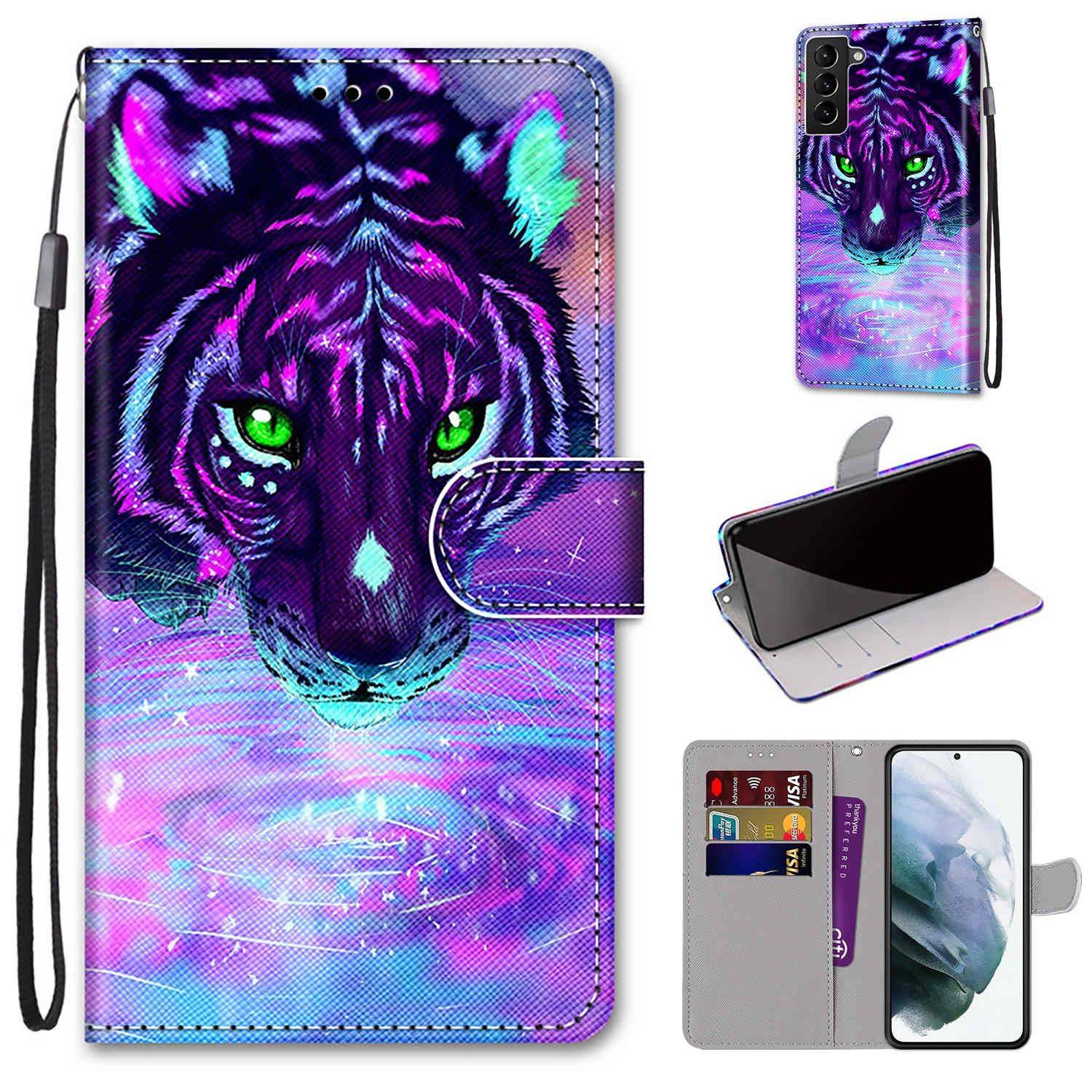 Hülle kompatibel mit Samsung Galaxy S22 Plus 5G Kunstleder Handyhülle - Handy Case Tiger trinkt Wasser