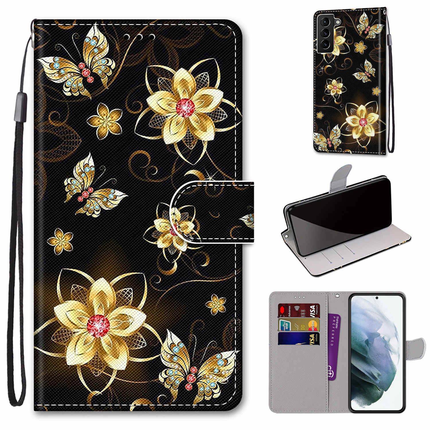 Hülle kompatibel mit Samsung Galaxy S22 Plus 5G Kunstleder Handyhülle - Handy Case Golddiamant Schmetterling