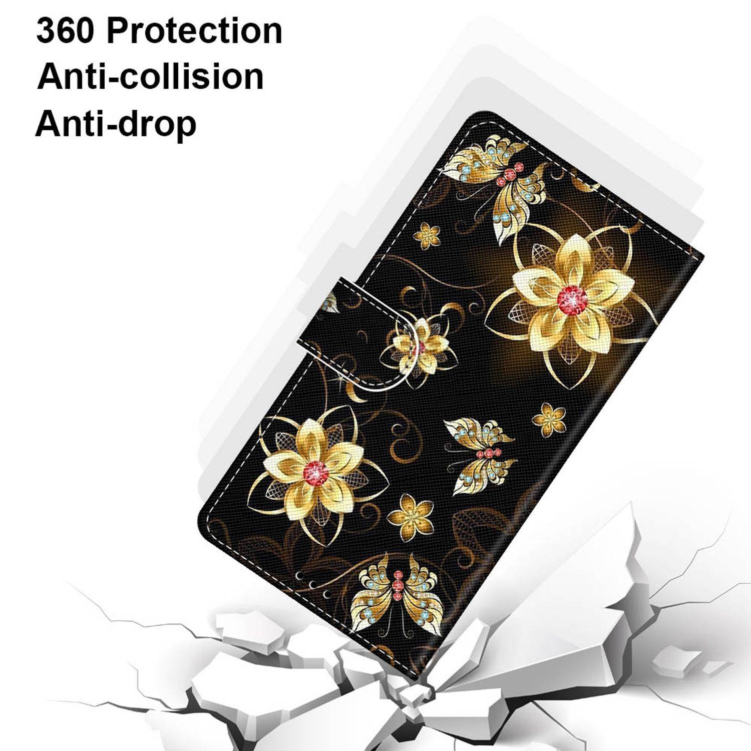 Hülle kompatibel mit Samsung Galaxy S22 Plus 5G Kunstleder Handyhülle - Handy Case Golddiamant Schmetterling