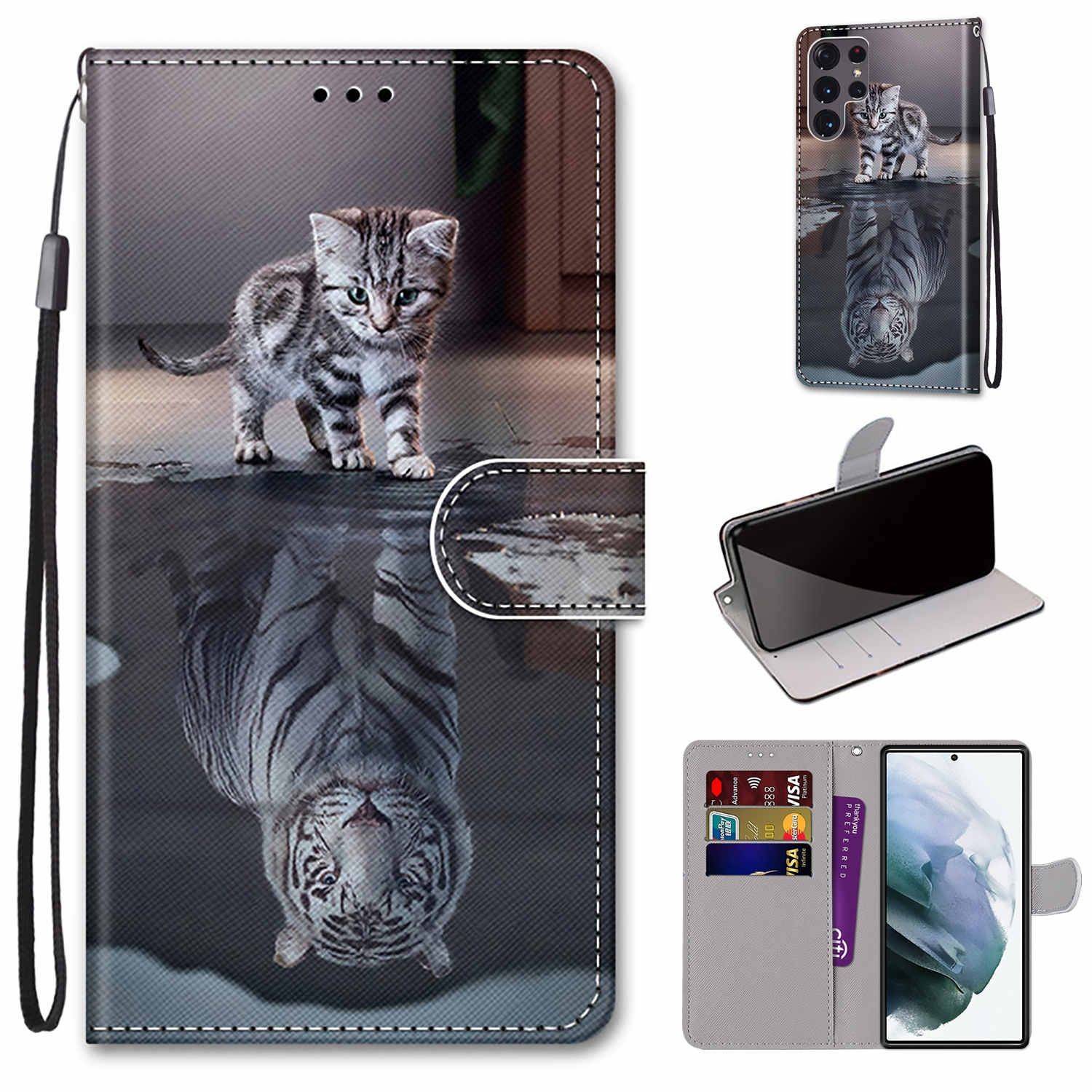 Hülle kompatibel mit Samsung Galaxy S22 Ultra 5G Kunstleder Handyhülle - Handy Case Katze wird zum Tiger