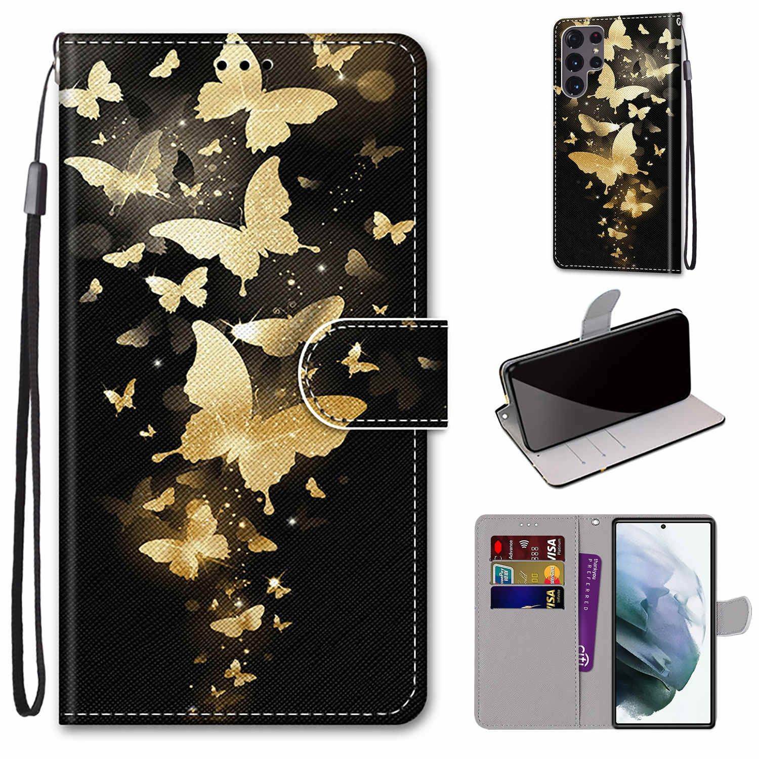 Hülle kompatibel mit Samsung Galaxy S22 Ultra 5G Kunstleder Handyhülle - Handy Case Goldene Schmetterlingsgruppe