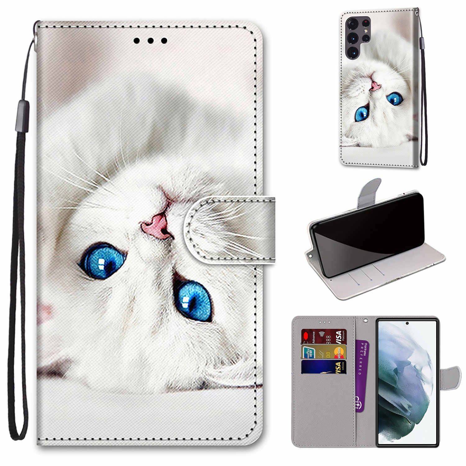 Hülle kompatibel mit Samsung Galaxy S22 Ultra 5G Kunstleder Handyhülle - Handy Case Weißes Kätzchen