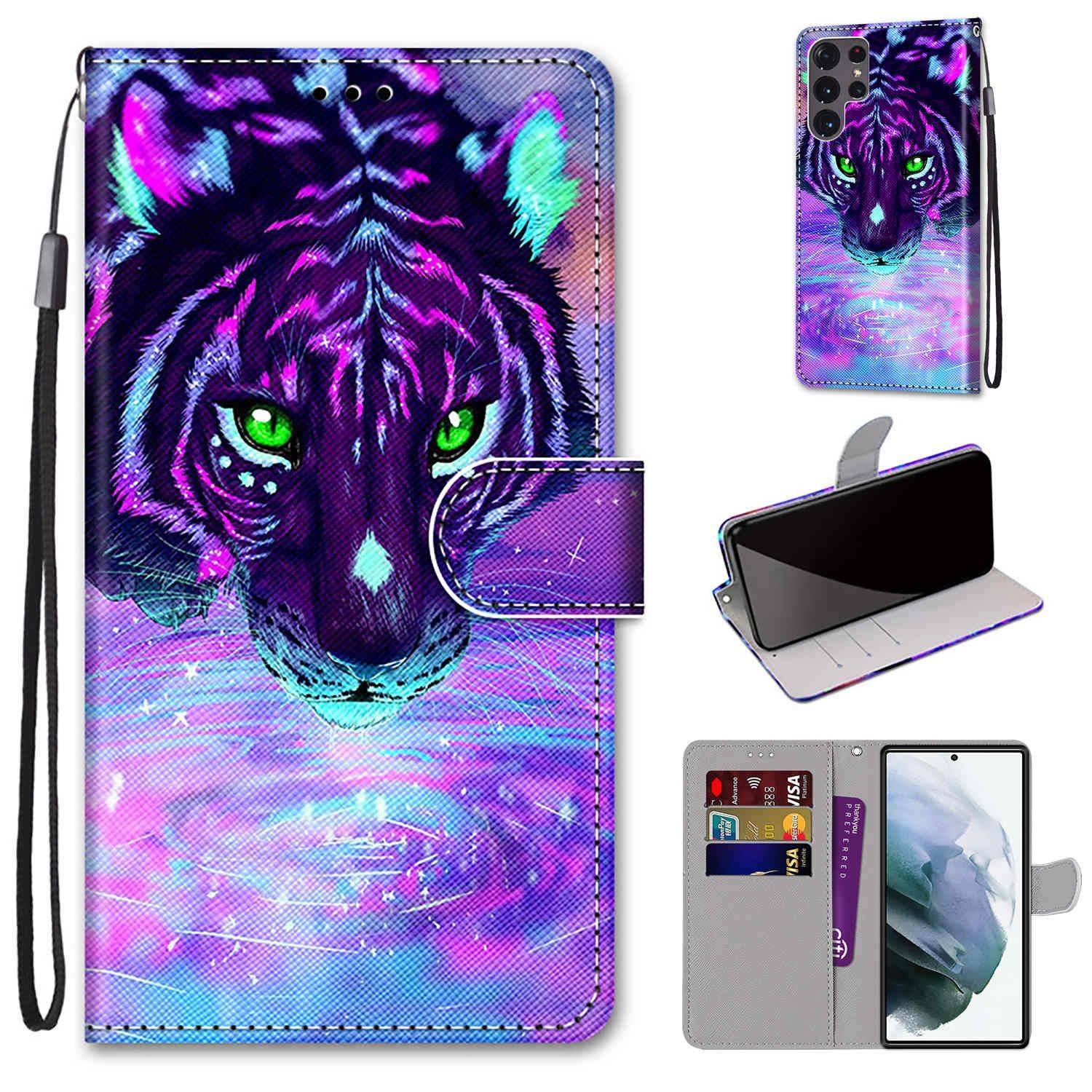 Hülle kompatibel mit Samsung Galaxy S22 Ultra 5G Kunstleder Handyhülle - Handy Case Tiger trinkt Wasser