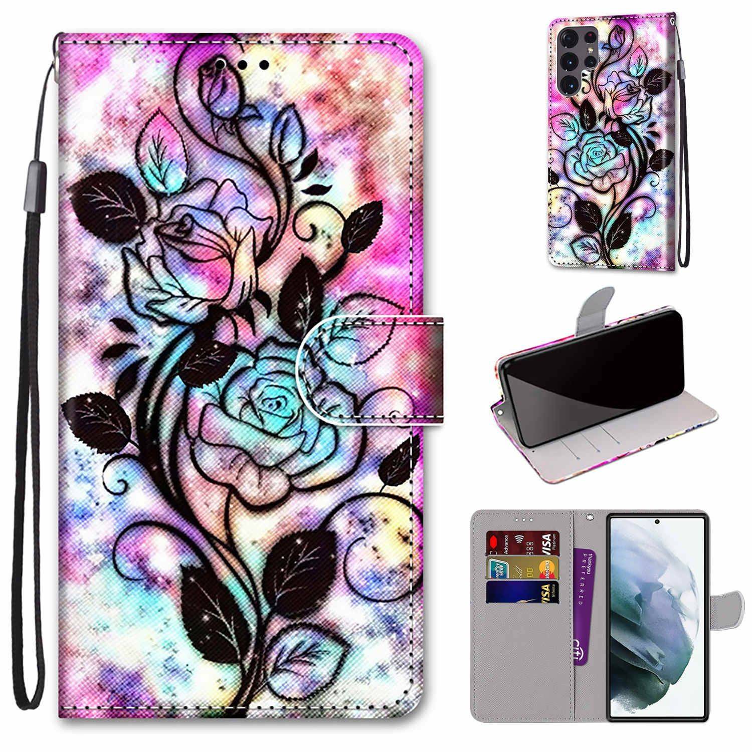 Hülle kompatibel mit Samsung Galaxy S22 Ultra 5G Kunstleder Handyhülle - Handy Case Farbe Bottom Hollow Flower