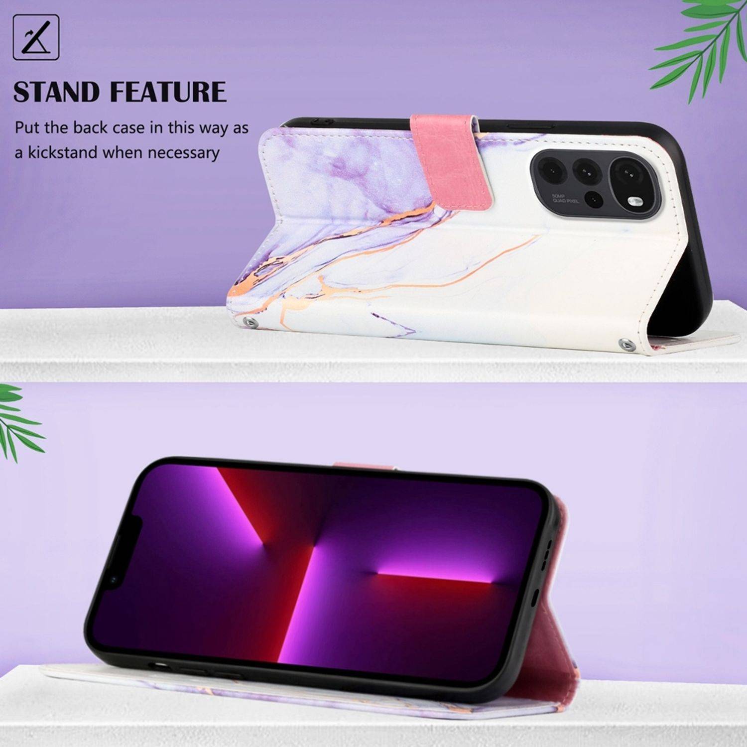 Hülle kompatibel mit Motorola Moto G22 Kunstleder Handyhülle - Handy Case Weiß Lila