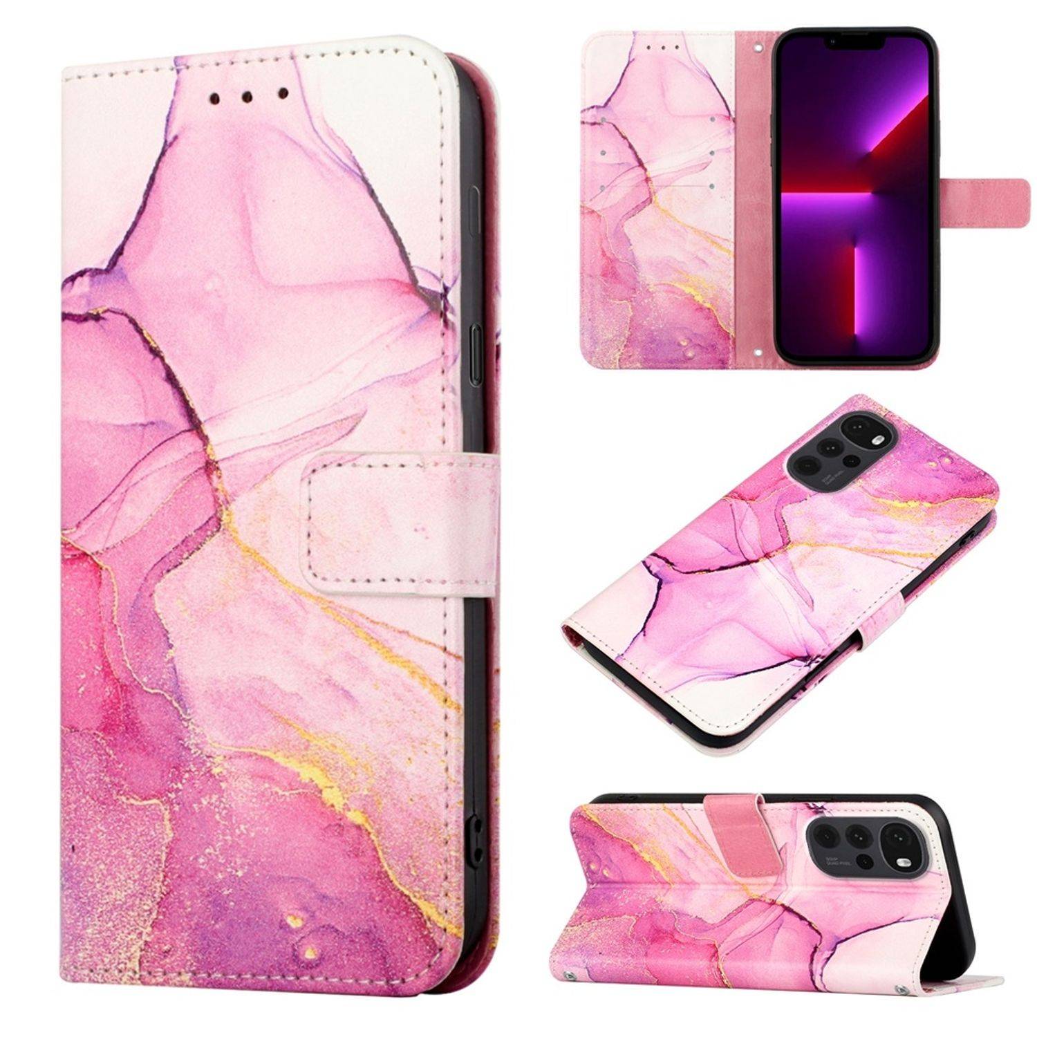 Hülle kompatibel mit Motorola Moto G22 Kunstleder Handyhülle - Handy Case Rosa Lila Gold