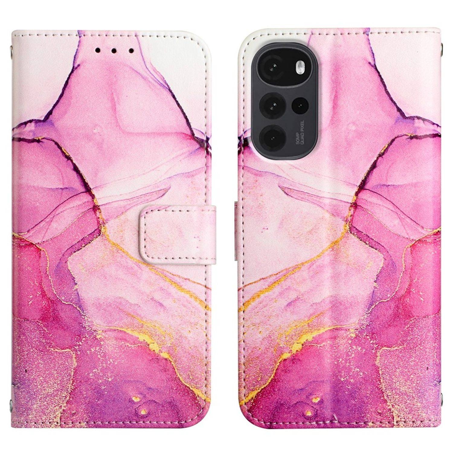 Hülle kompatibel mit Motorola Moto G22 Kunstleder Handyhülle - Handy Case Rosa Lila Gold