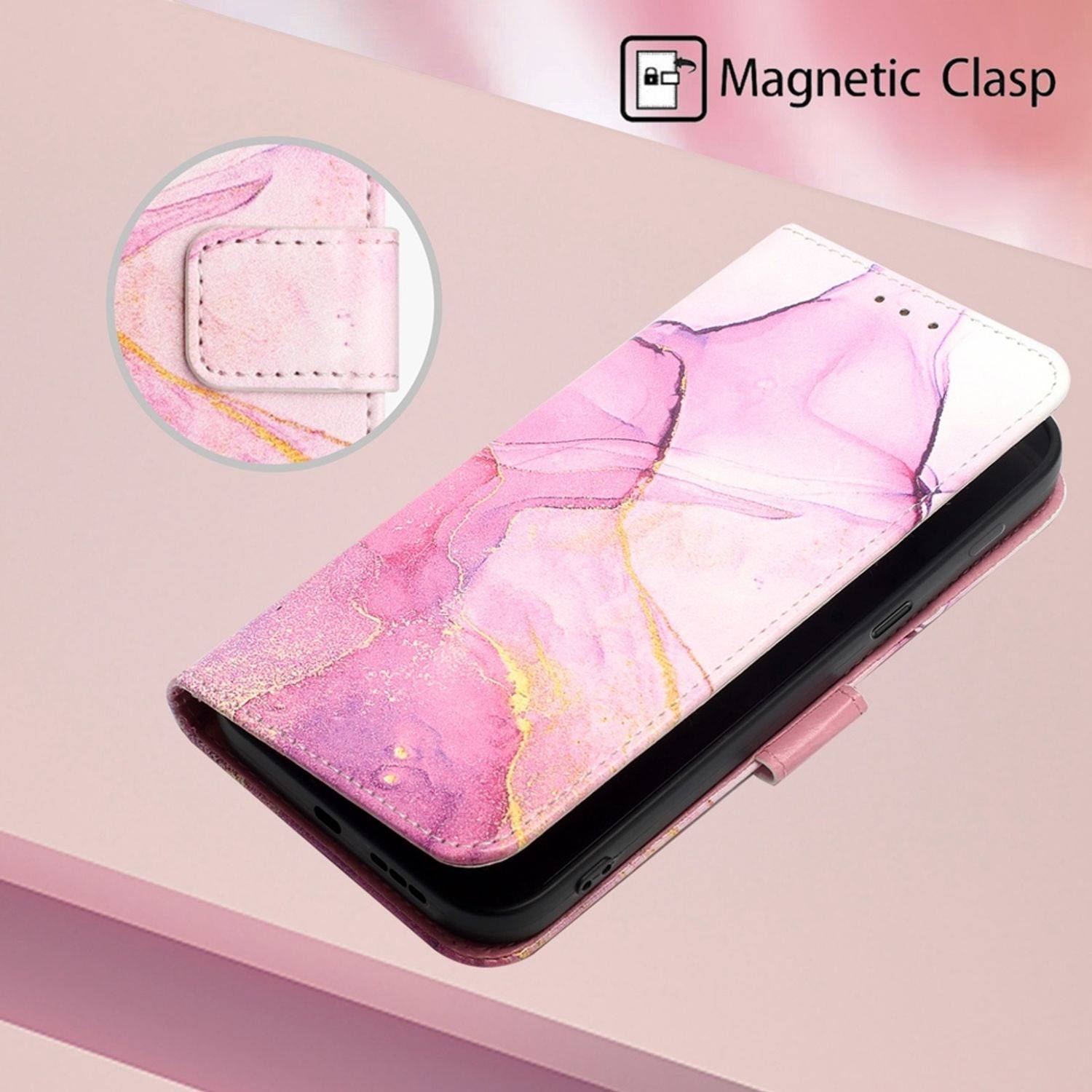 Hülle kompatibel mit Motorola Moto G22 Kunstleder Handyhülle - Handy Case Rosa Lila Gold