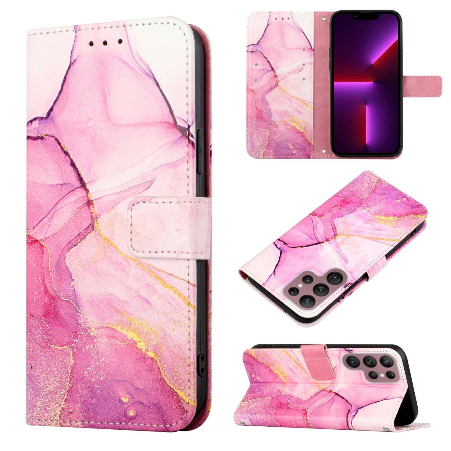 Hülle kompatibel mit Samsung Galaxy S22 Ultra 5G Kunstleder Handyhülle - Handy Case Rosa Lila Gold