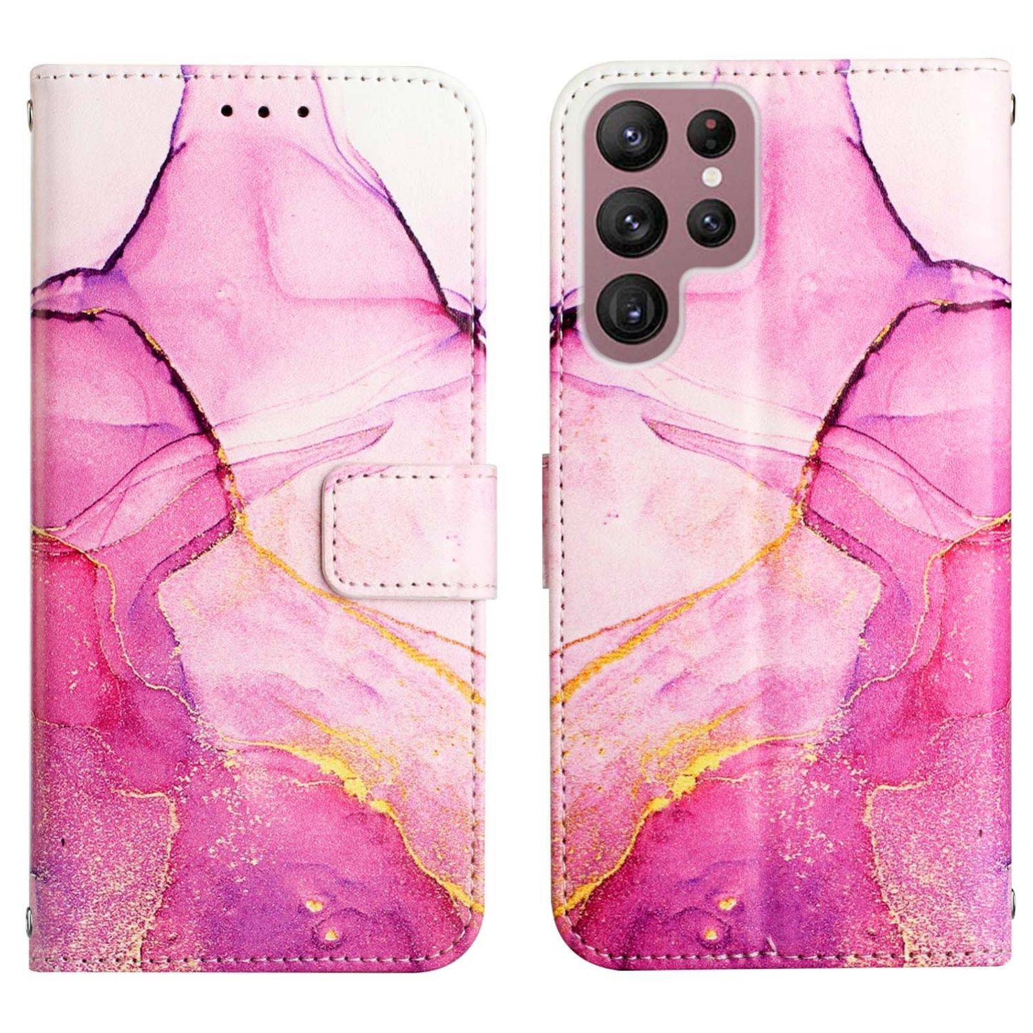 Hülle kompatibel mit Samsung Galaxy S22 Ultra 5G Kunstleder Handyhülle - Handy Case Rosa Lila Gold