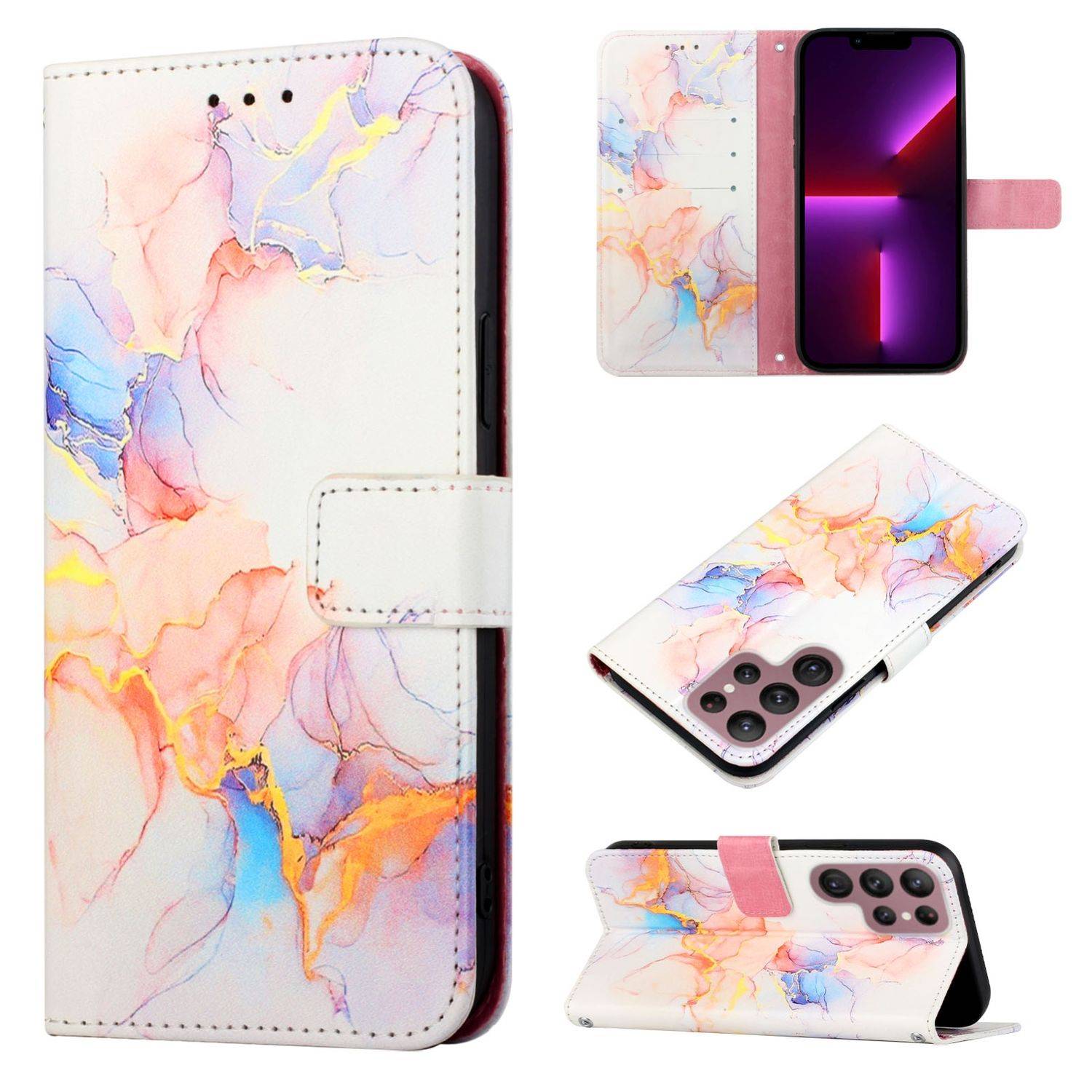 Hülle kompatibel mit Samsung Galaxy S22 Ultra 5G Kunstleder Handyhülle - Handy Case Galaxy Marmor White